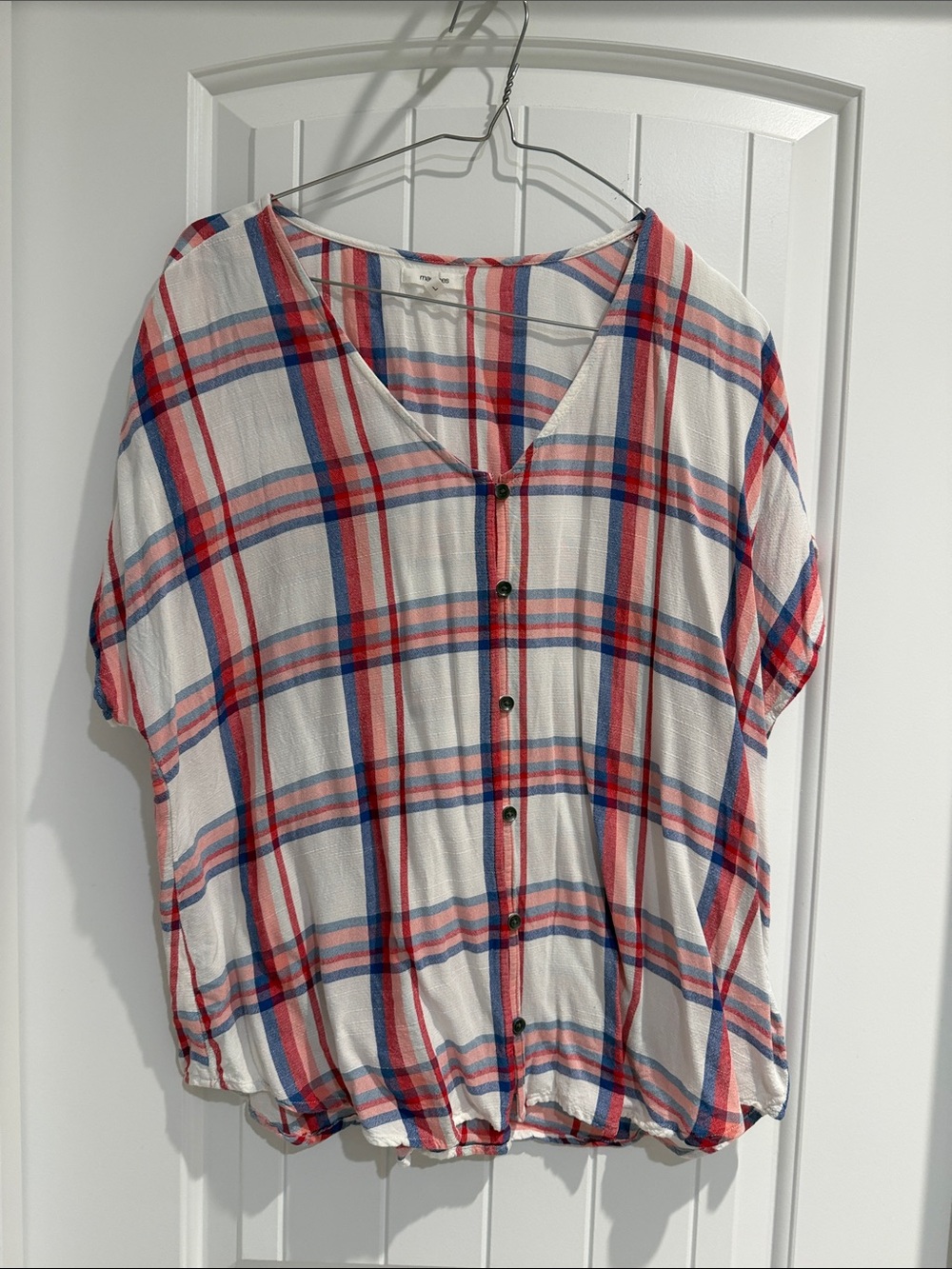 Maurices Pink, Red and Blue Plaid Button-Front Top
